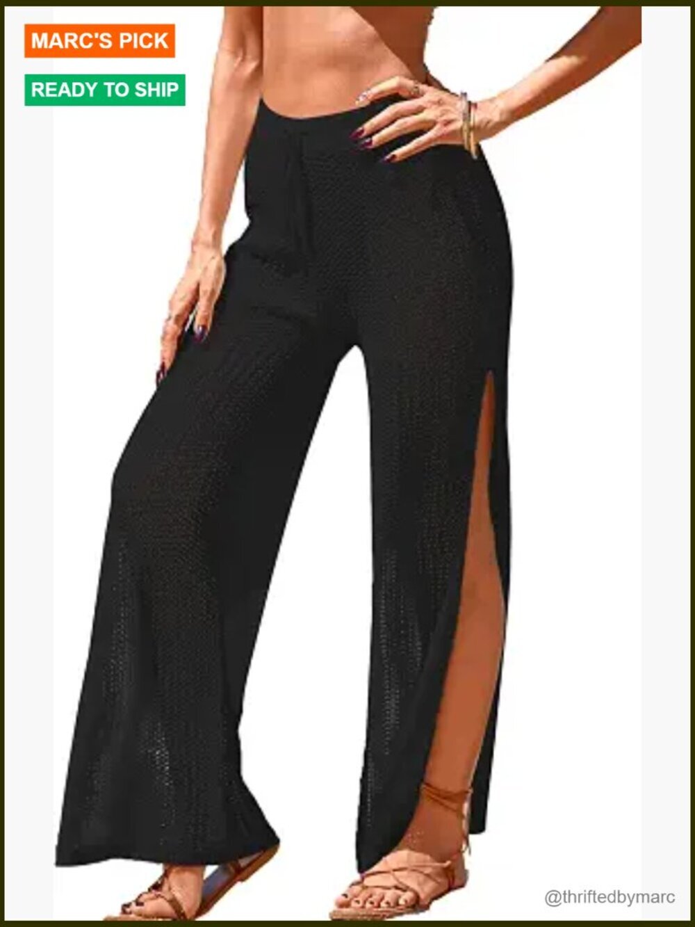 Crochet Knit Elastic Waist Beach Coverup Pants Side Slit Sheer